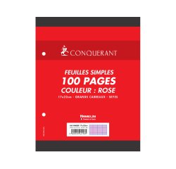 Feuille simple conquerant 7 perforees 170x220mm film 80g  seyes coloris rose paquet 100 unites
