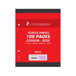 Feuille simple conquerant 7 perforees 170x220mm film 80g  seyes coloris rose paquet 100 unites