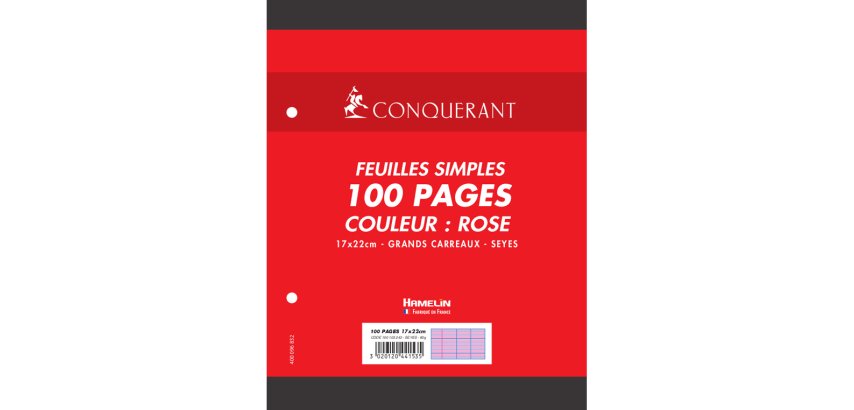 Feuille simple conquerant 7 perforees 170x220mm film 80g  seyes coloris rose paquet 100 unites