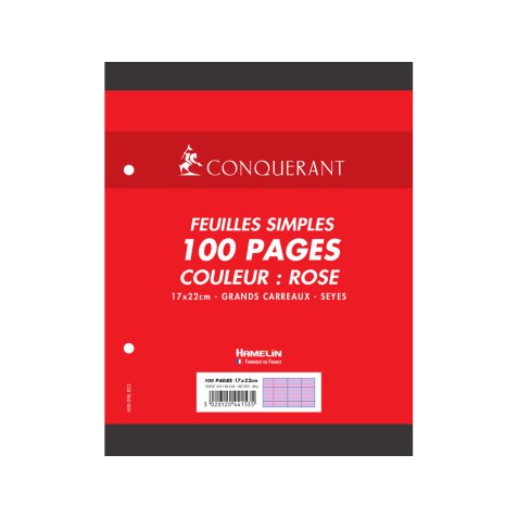 Feuille simple conquerant 7 perforees 170x220mm film 80g  seyes coloris rose paquet 100 unites