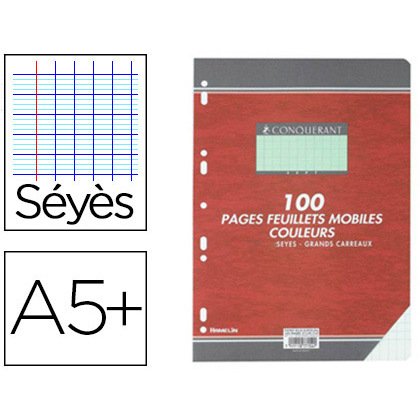 Feuillet mobile conquérant a5+ 170x220mm 100 pages 80g séyès perforé coloris vert
