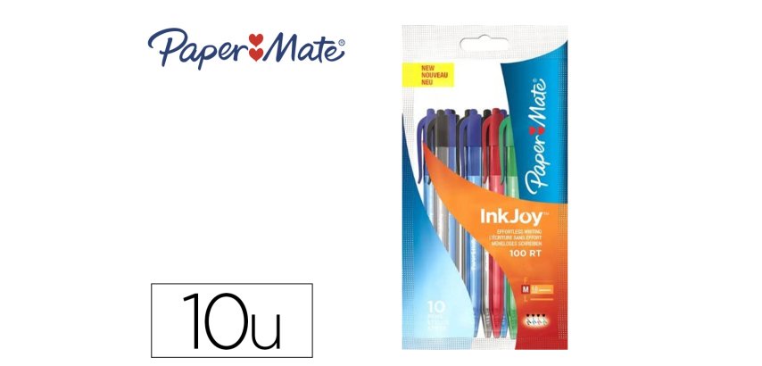 Stylo-bille paper mate inkjoy 100rt rétractable pointe moyenne forme hexagonale corps transparent assortiment 10 unités