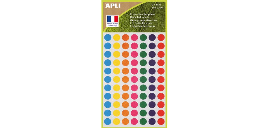 Etiquettes apli 100% recycle ï8mm coloris assortis         pochette 385 unites