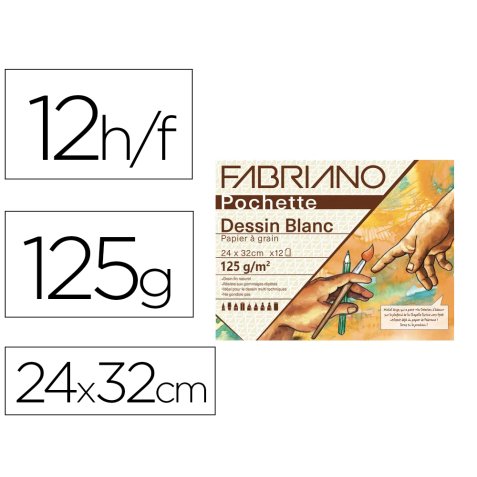 Pochette fabriano papier a dessin a grain 240x320mm 125g coloris blanc 12 feuilles