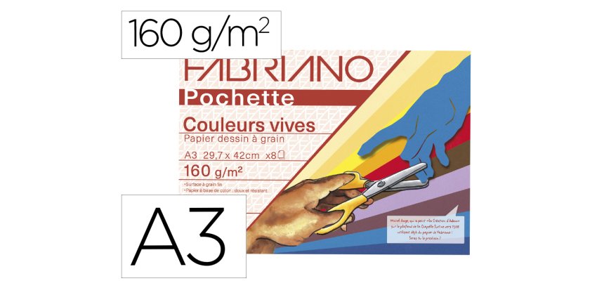 Pochette fabriano papier a dessin a grain a3 297x420mm   160g couleurs vives 8         feuilles