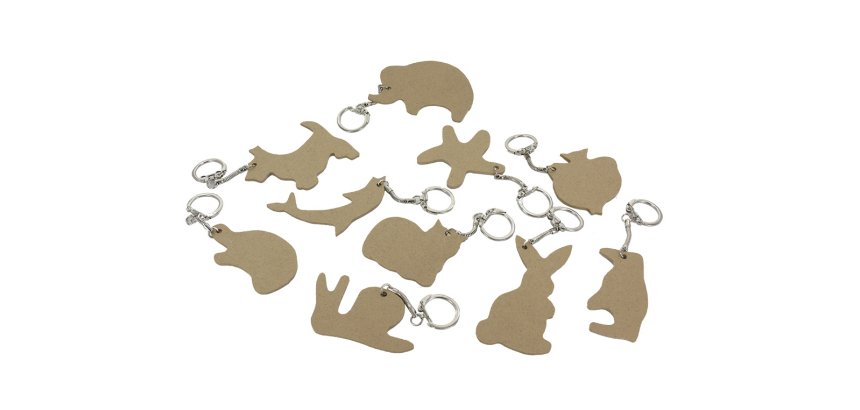 Porte-cles o'color bois a decorer formes animaux 7cm    sachet 10 unites