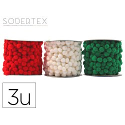 Pompons sur cordon sodertex guirlandes/customisation      bobine 3m coloris noel        assortis lot 3 unites