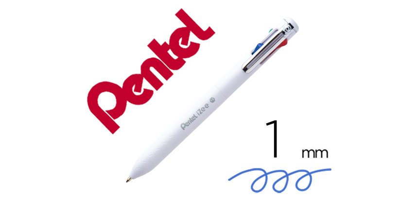 Stylo-bille pentel 4 couleurs izee retractable pointe large 1mm clip metal corps blanc