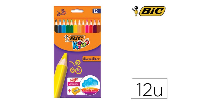 Crayon couleur bic kids super soft etui carton 12 unites +  1 taille-crayons