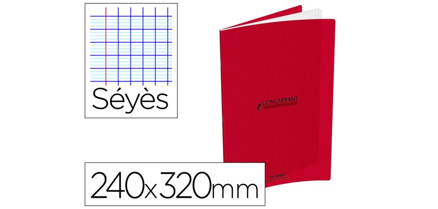 Cahier conquerant classique agrafe 240x320mm 96 pages     seyes 90g couverture carte    recyclee coloris rouge