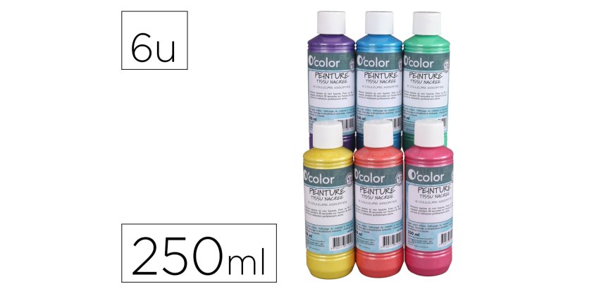 Peinture tissu o'color 250ml coloris nacres assortis       coffret polypro 6 unites