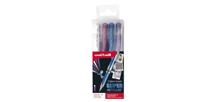 Pochette uniball signo roller encre gel ecriture large      broad creatif coloris blanc / bleu rose violet metal 4