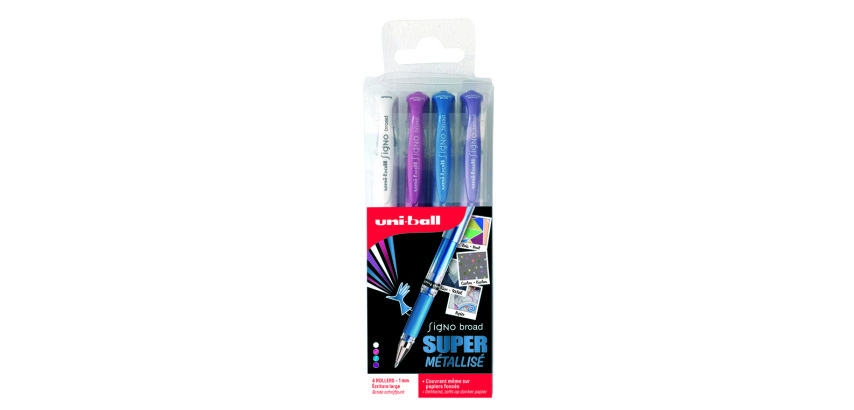 Pochette uniball signo roller encre gel ecriture large      broad creatif or / argent /   blanc / bronze 4 unites