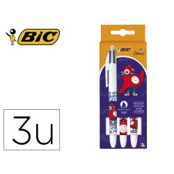 Stylo-bille bic 4 couleurs paris 2024 pointe moyenne 1mm retractable corps plastique modeles assortis coffret 3 unites