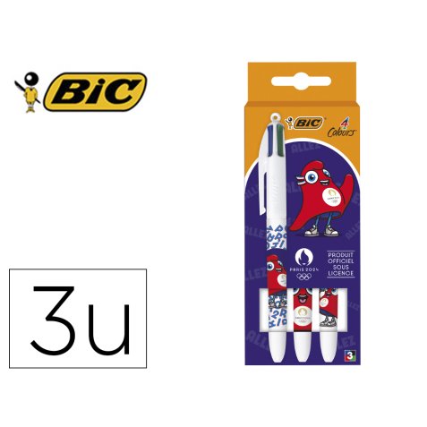 Stylo-bille bic 4 couleurs paris 2024 pointe moyenne 1mm retractable corps plastique modeles assortis coffret 3 unites