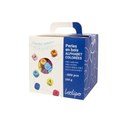 Perle bois sodertex alphabet 1x1cm coloris assortis boite  500 unites