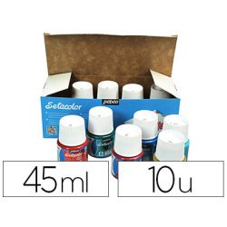 Peinture textile pébéo sétacolor tissus clairs couleurs assorties pailletées boîte 10 pots 45ml