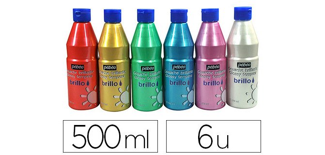 Gouache liquide pébéo brillo prête à l'emploi couleurs nacrées blanc rose rouge turquoise vert or lot 6 flacons 500ml