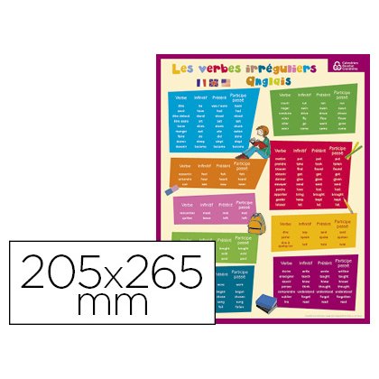 Fiche mémo bouchut carton souple pelliculé 25g vocabulaire et verbes irréguliers anglais recto/verso 20,5x26,5cm