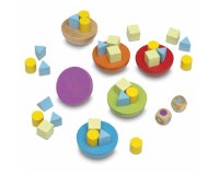 Jeu en bois equilibry contenant 6 demi-boules de 6 couleurs 45 pions de trois formes 1 dé à couleurs 1 dé à formes