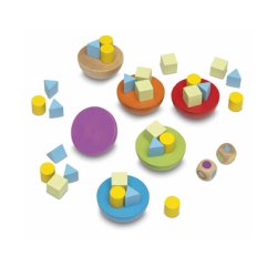 Jeu en bois equilibry contenant 6 demi-boules de 6 couleurs 45 pions de trois formes 1 dé à couleurs 1 dé à formes