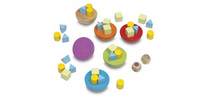 Jeu en bois equilibry contenant 6 demi-boules de 6 couleurs 45 pions de trois formes 1 dé à couleurs 1 dé à formes