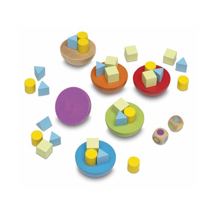 Jeu en bois equilibry contenant 6 demi-boules de 6 couleurs 45 pions de trois formes 1 dé à couleurs 1 dé à formes