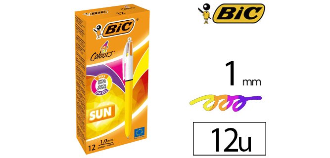 Stylo-bille bic 4 colours sun pointe moyenne 1mm couleurs fun violet/rose/jaune fluo/orange