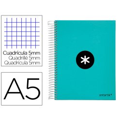 Cahier spirale antartik a5 240p 90g remborde quadrillage 5mm microperfore 5 bandes 6   trous coloris menthe