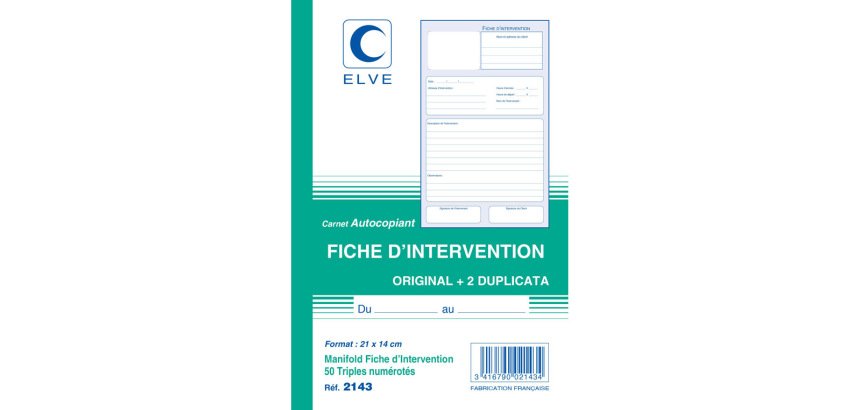 Manifold ficher d'intervention Elve 21 x 14 cm,  50 feuillets tripli