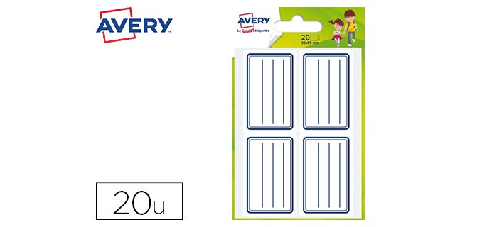 Étiquette scolaire avery lignes bleues adhésif permanent 36x56mm sachet 20 unités