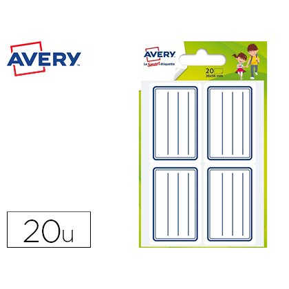 Étiquette scolaire avery lignes bleues adhésif permanent 36x56mm sachet 20 unités