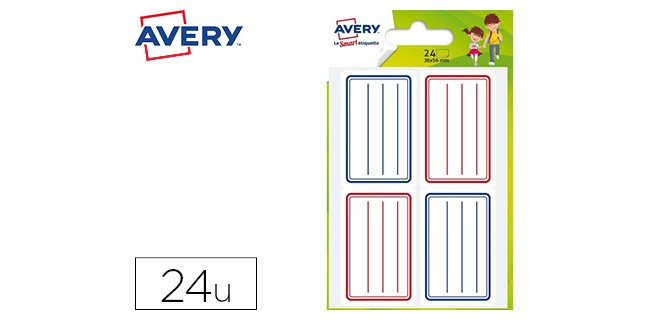Étiquette scolaire avery lignes bleues et rouges adhésif permanent 36x56mm sachet 24 unités