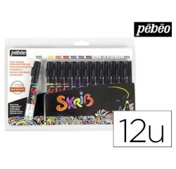 Marqueur peinture pébéo skrib acrylique brillant multi-supports pointe 0.7mm couleurs classiques set 12 unités