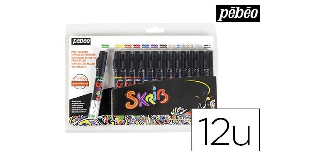 Marqueur peinture pébéo skrib acrylique brillant multi-supports pointe 0.7mm couleurs classiques set 12 unités