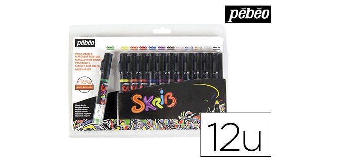 Marqueur peinture pébéo skrib acrylique brillant multi-supports pointe 0.7mm couleurs classiques set 12 unités