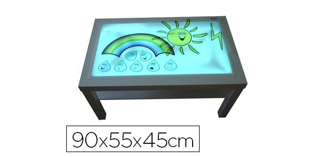 Table eclairage en bois de hetre superficie methacrylate blanc et lumieres led         90x55x45cm