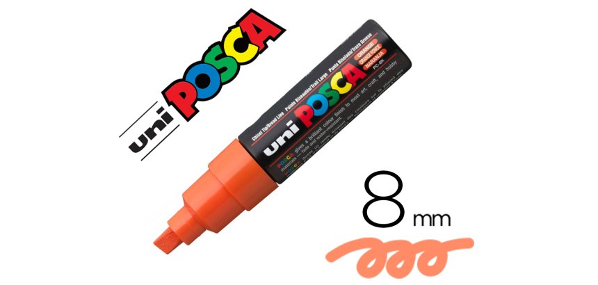 Marqueur posca pc8k base eau pointe biseautee large 8mm    sans odeurs/alcool/solvant    tout supports coloris orange