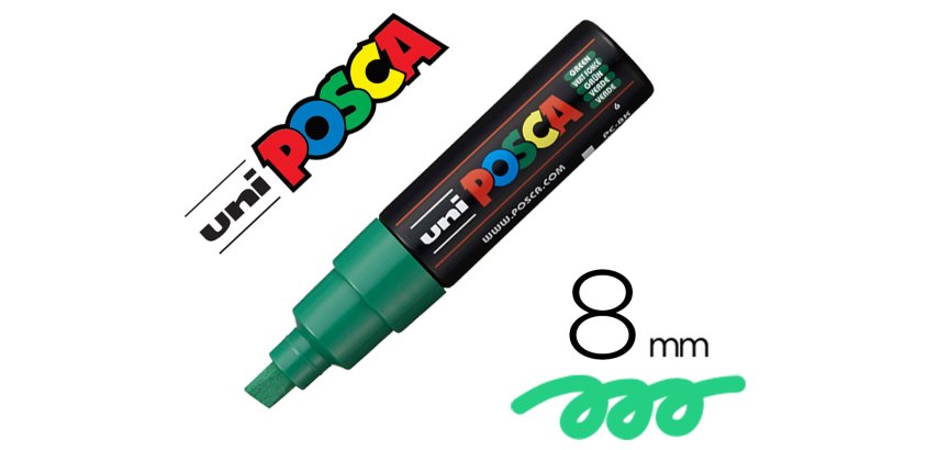 Marqueur posca pc8k base eau pointe biseautee large 8mm    sans odeurs/alcool/solvant    tout supports coloris vert