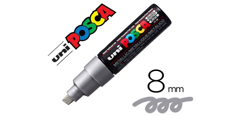 Marqueur posca pc8k base eau pointe biseautee large 8mm    sans odeurs/alcool/solvant    tout supports coloris argent