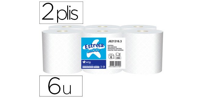 Bobine essuyage amoos estrela dévidage central 2 plis 390 services paquet de 6 rouleaux