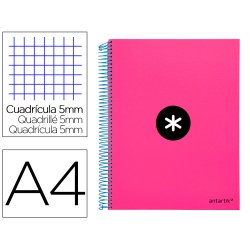 Cahier spirale antartik a4 240p 90g couverture rembordee quadrillage 5mm 4 trous       coil-lock coloris rose fluo