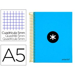 Cahier spirale antartik a5 240p 90g couverture rembordee quadrillage 5mm 6 trous       coil-lock coloris bleu