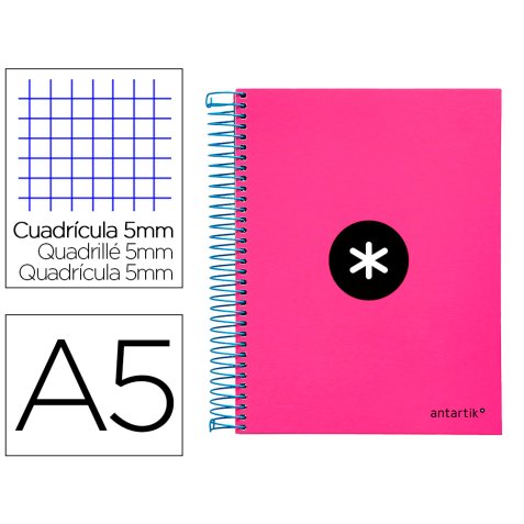 Cahier spirale antartik a5 240p 90g couverture rembordee quadrillage 5mm 6 trous       coil-lock coloris rose fluo
