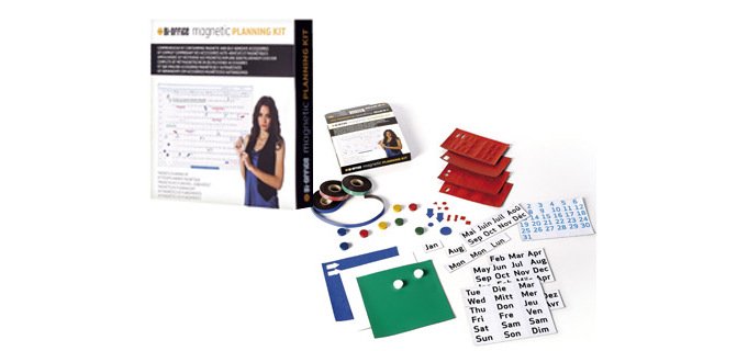 Kit planning bi-office tableau blanc 5 feuilles magnétiques 3 rubans magnétiques 5mm 10 aimants 15mm 305x215x15cm