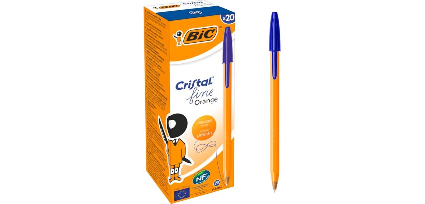 Stylo-bille bic cristal corps hexagonal orange transparent  encre bleue visible pointe    fine 0,8mm pack 90 + 10 unites