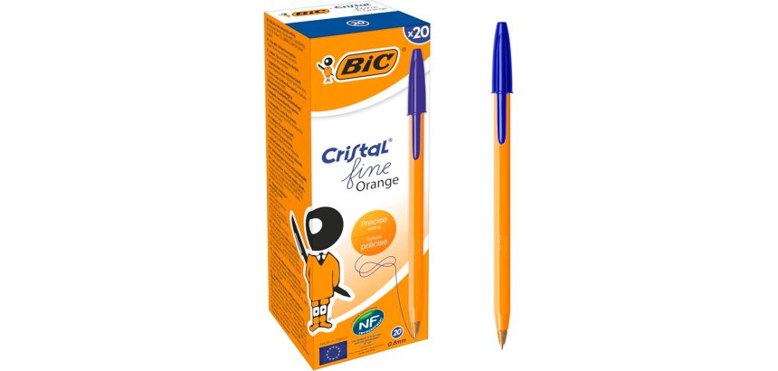 Stylo-bille bic cristal corps hexagonal orange transparent  encre bleue visible pointe    fine 0,8mm pack 90 + 10un