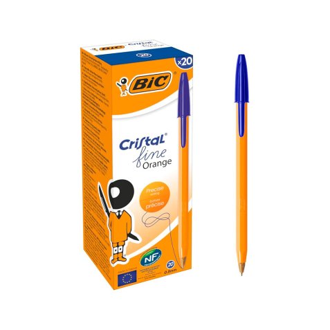 Stylo-bille bic cristal corps hexagonal orange transparent  encre bleue visible pointe    fine 0,8mm pack 90 + 10un