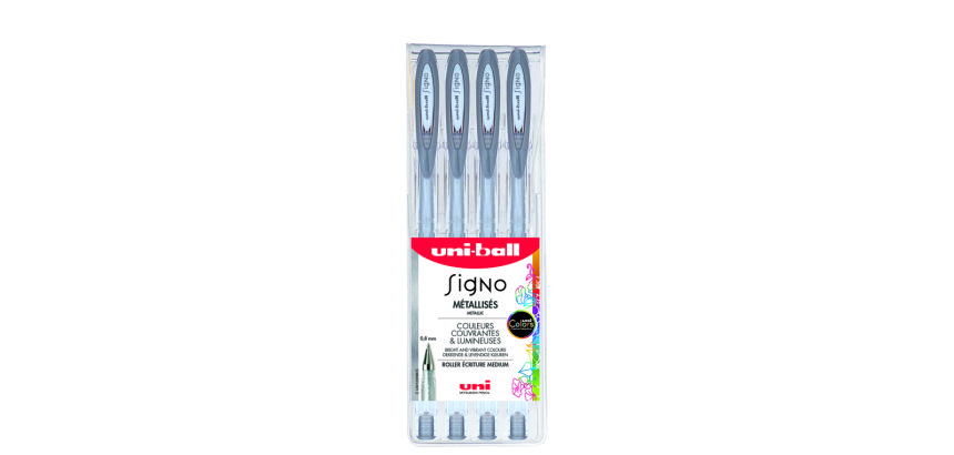 Roller uniball signo encre gel resistant pointe moyenne  trace 0,7mm coloris metallise argent pochette de 4un