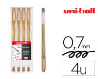 Roller uniball signo encre gel resistant pointe moyenne  trace 0,7mm coloris metallise or pochette de 4un